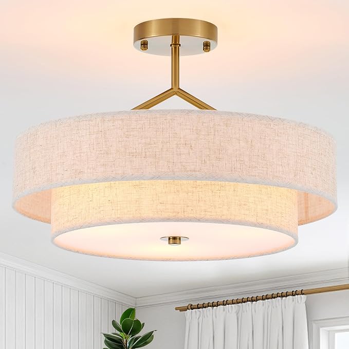 Semi Flush Mount Ceiling Light, 18" Gold Drum Ceiling Light Fixture, 3-Light with 2-Tier Beige Linen Fabric Shade, Modern Farmhouse Close to Ceiling Light for Bedroom, Kitchen, Hallway