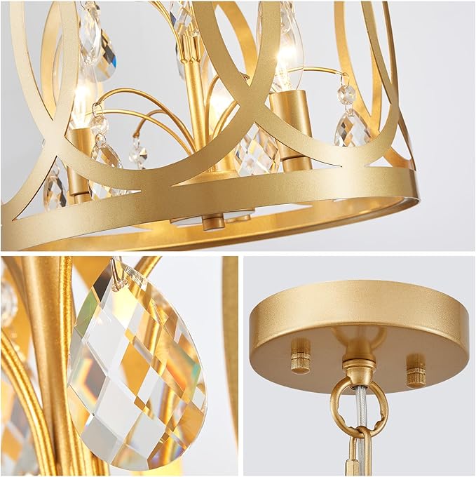 WUZUPS Crystal Chandelier 3-Light Vintage Farmhouse Pendant Ceiling Light Lighting Fixture for Foyer Diningroom Bedroom Hallway Storage Kitchen Bathroom, H 10.8" W 11.8", E12 Base, Gold