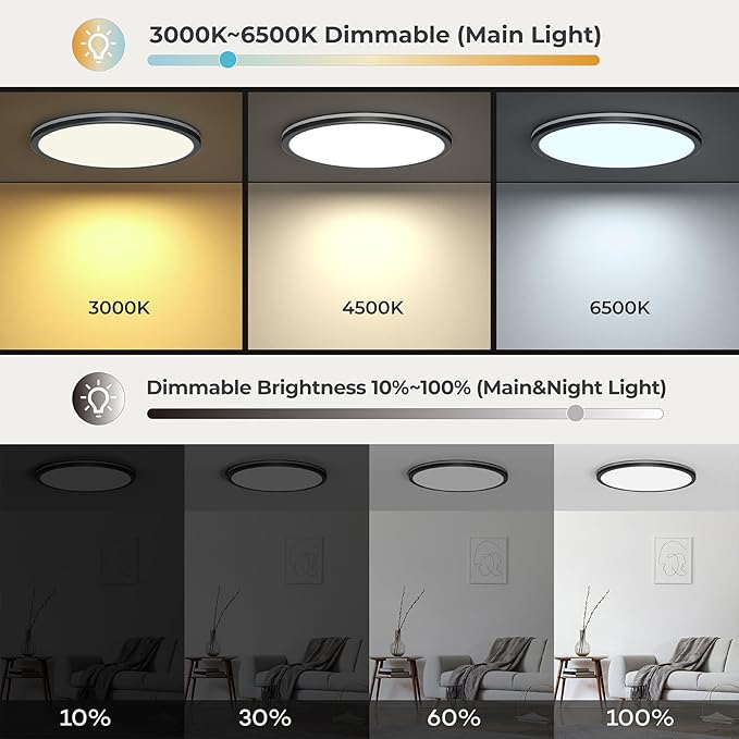 Matane 2Pack 12in LED Flush Mount Ceiling Light Fixture with Remote Control, Nightlight 2000K Warm, 3000K-6500K Adjustable, Low Profile Ceiling Lights for Bedroom, Kitchen, Living Room, Black