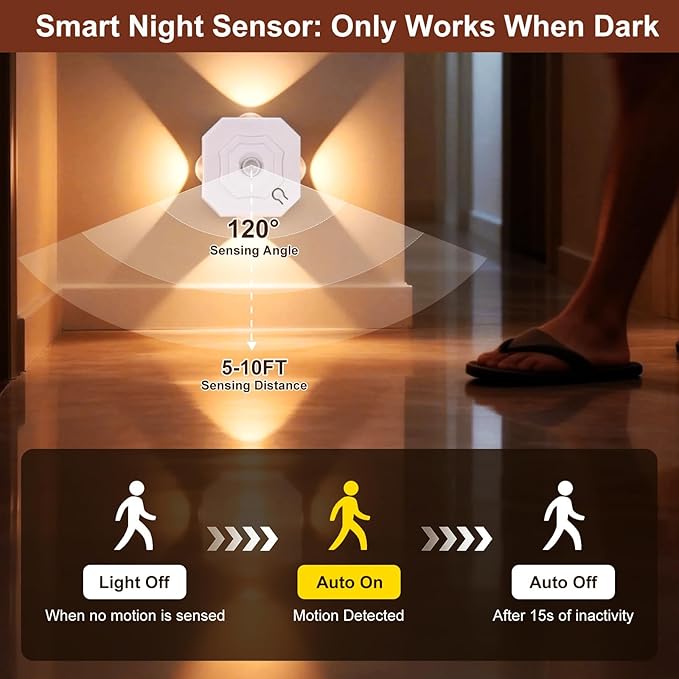 Motion Sensor LED Night Lights 4 Pack, Indoor Rechargeable Stair Lights, Magnetic Installation, 3 Color Temp Dimmable, Wireless Wall Sconce for Hallway Closet Bathroom Cabinet
