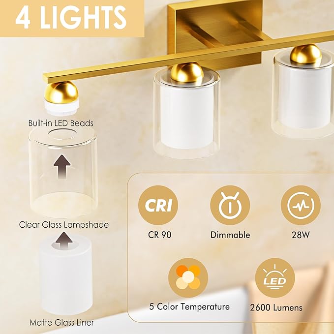 Quntis Gold Bathroom Light Fixtures, 4 Light Modern Vanity Lights Over Mirror, 5 Colors & Stepless Dimmable LED Bathroom Lighting with Milk White Frosted Glass, 27 Inch (Bulbs Included)