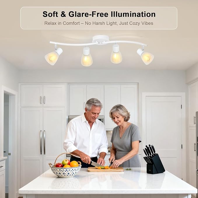 HiBay 4-Light Track Lighting, Modern White Glass Ceiling Light Fixture, Adjustable Flush Mount Track Spotlight for Bathroom, Kitchen, Dining Room, E12 Base, No Bulbs