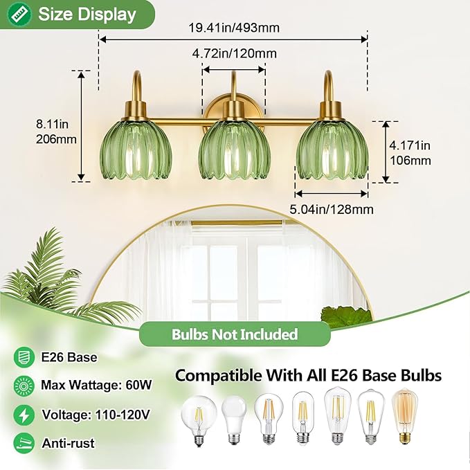 Bathroom Light Fixtures (3-Light, 20 in), Brushed Gold Vanity Lights for Bathroom with Ribbed Green Tulip Glass Shade, Vintage Vanity Wall Lights for Mirror Bedroom Living Room Hallway