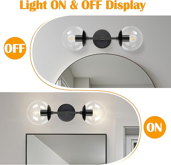KoKo&Yukina Mid Century Modern Bathroom Vanity Light Matte Black Clear Glass Globe Vanity Light Fixtures Globe Sconce 2-Light Bathroom Lights Wall Fixtures Mid Century Wall Sconce