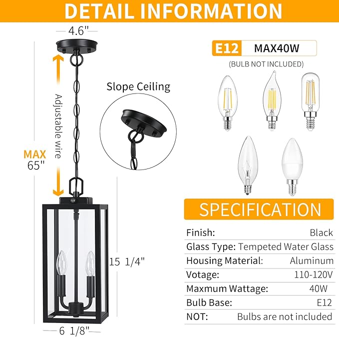 Large Outdoor Pendant Light 2-Light, 15'' Dusk to Dawn Modern Black Metal Outside Chandelier Exterior Hanging Fixture Ceiling Mount with Clear Glass for Front Porch Entrance Foyer Entryway, 1 Pack