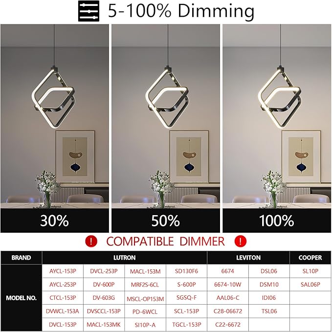 Modern LED Pendant Lights Plated Black Rectangular Pendant Light Fixtures 4000K 20W Dimmable Pendant Lighting for Dining Room Kitchen Island Bedroom Living Room Foyer（3-Pack）