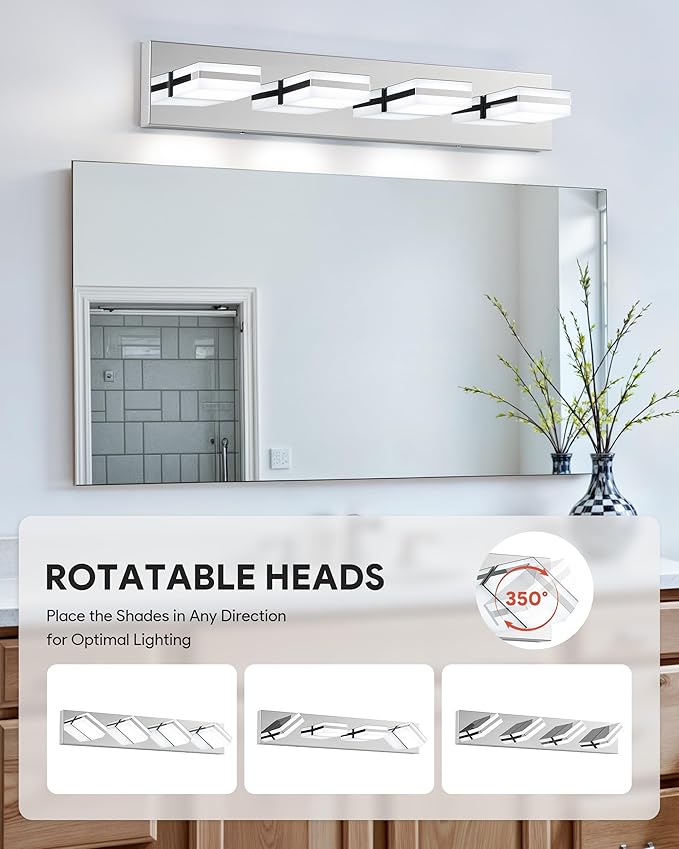 VONLUCE Bathroom Vanity Light Fixture, 4-Light Modern LED Vanity Light, 3CCT Adjustable Bathroom Lights with Memory Function Rotatable Shades, 26" Wall Lighting Fixture Over Mirror, Chrome