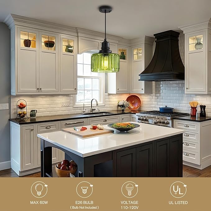 Green Pendant Lights Kitchen Island, Vintage Pendant Light Fixtures with 7" Clear Glass Shade, Farmhouse Hanging Lights for Kitchen, Bathroom, Bedroom, Dining Room, 2 Pack