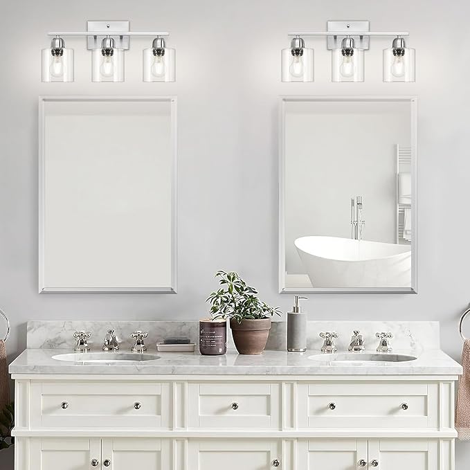 Modern Brushed Nickel 3 Light Bathroom Light Fixtures,19 inch Vanity Lights for Bathroom with Clear Glass Over Mirror for Mirror Kitchen Living Room