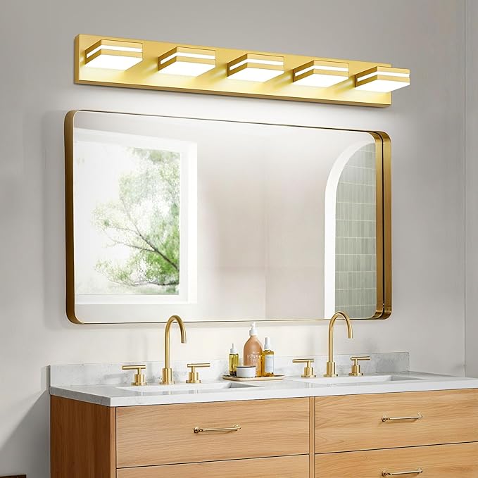 Modern LED Bathroom Lights Fixtures 5-Light,Metal Gold Acrylic Wall Lighting,Vanity Lights for Bathroom Over Mirror 6000k 34in