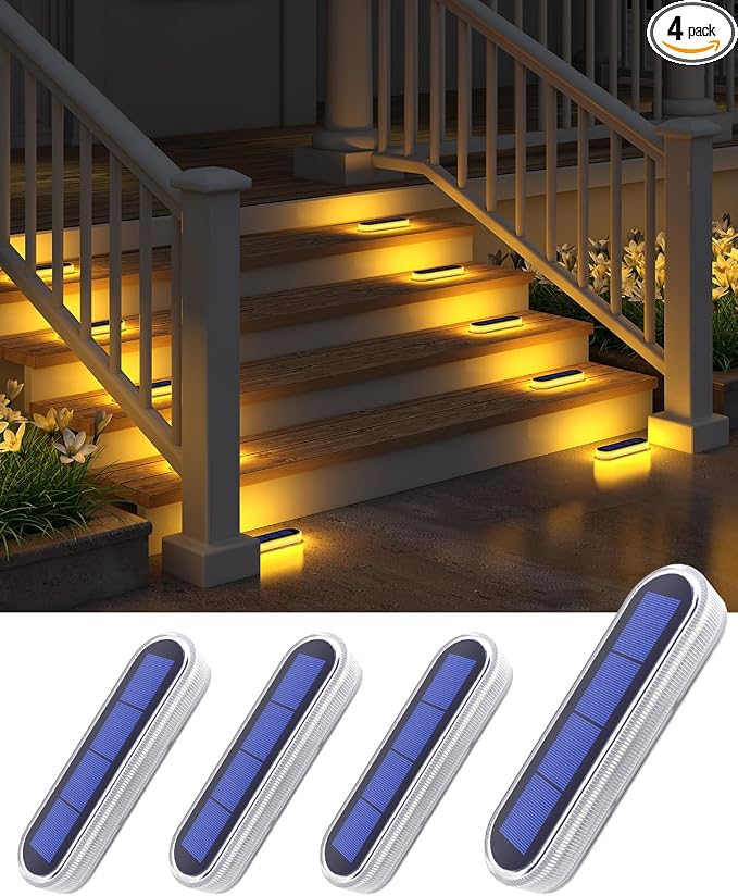 DetarZinLED Solar Step Lights Outdoor Waterproof LED, 4 Pack Warm White Flat Solar Powered Deck Lights for Outside, Stick on Light Bar for Stair, Dock, Patio, Garden, Path, Walkway, Driveway, Porch