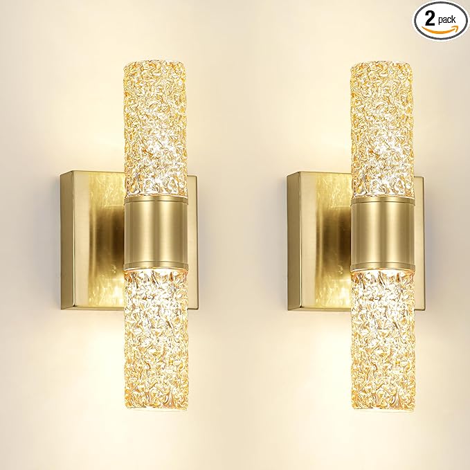 2 Pack Gold LED Wall Sconces, 10W 3000K Warm White Hardwired Wall Mounted Light Fixtures with Amber Crystal Glass, Modern Bathroom Vanity Lights for Mirror Living Room Bedroom Hallway