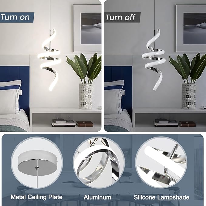 Modern Spiral LED Pendant Lights Kitchen Island, 22W Adjustable Height Hanging Light Fixture 5500K Chrome Chandelier for Dining Room Cafe Table, 3 Pack