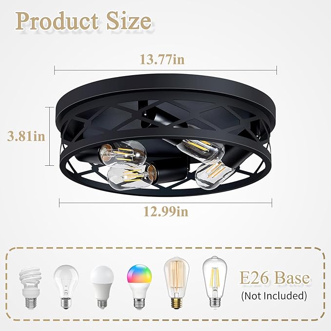 14 inch Hallway Light Fixtures Ceiling,Flush Mount Ceiling Light,4 Light Black Metal Frame,Farmhouse Flush Mount for Living Room Bedroom Kitchen Home E26 Base