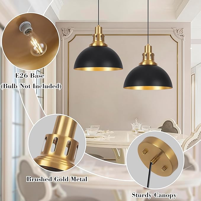 Black Farmhouse Dome Pendant Lights, Vintage Industrial Pendant Light Fixtures, Height Adjustable Pendant Lighting for Kitchen Island, Dining Room Foyer Entryway Bedroom 2-Pack