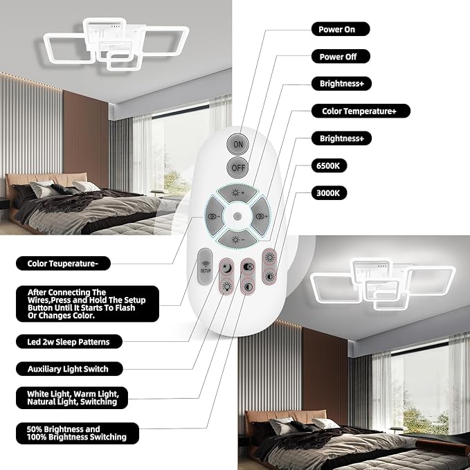 Modern LED Ceiling Light 5-Square Dimmable White Flush Mount LED Flower Ceiling Light with Remote for Living Room