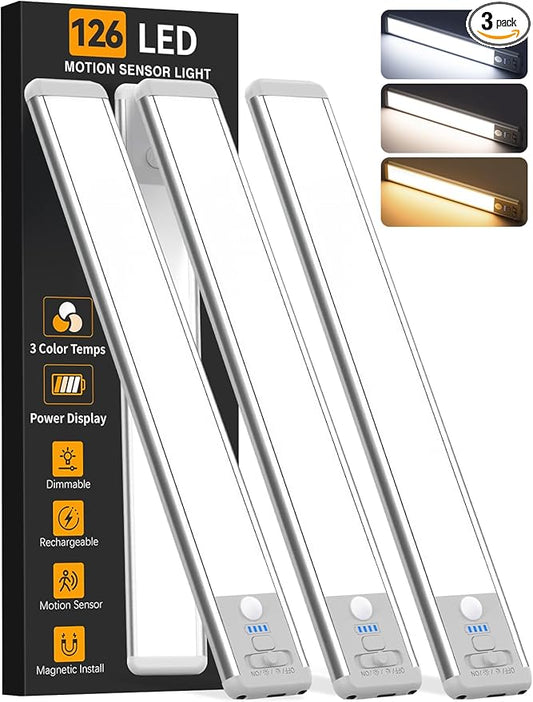 Under Cabinet Lighting Wireless, 15inch Rechargeable Motion Sensor Light Indoor, 3 Color Closet Light Battery Operated with LED Power Display, Magnetic Under Counter Lights for Kitchen, Home (3Pack)