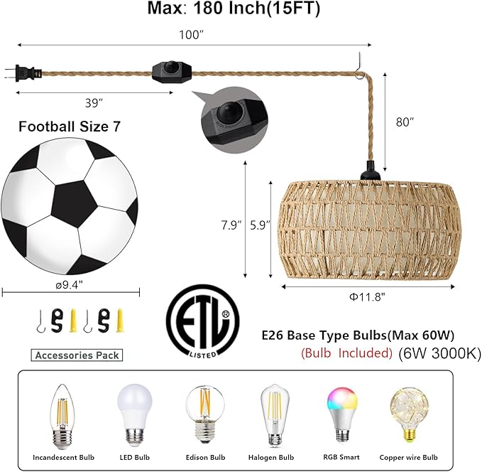 Boho Rattan Pendant Lights Farmhouse 12 Inch Plug in Chandelier Light Fixture Rustic Wicker Hand Woven Pendant Hanging Light with Cord for Dining Room Kitchen Bedroom Foyer Hallway