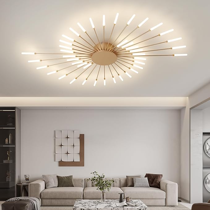 ziidoo Modern Ceiling Light, 42 Lights Metal Firework Designed Chic Led Lighting Fixture for Farmhouse Kitchen Dining Room Bedroom Hallway Living Room (Gold and Dark Gold)