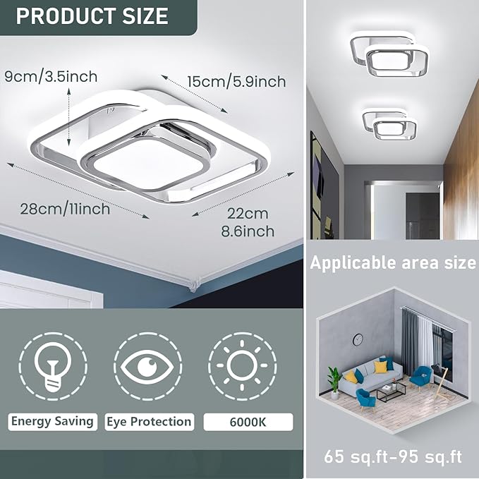2 Packs Modern Led Ceiling Light Acrylic Square Small Ceiling Lamp Cool White 6000K Hallway Lighting Fixtures for Bedroom Kitchen Living Room Study Hallway Small Asile Lamp Corridor Lights (Chrome)