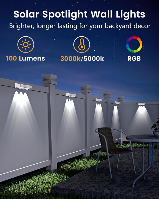 JOFIOS Solar Fence Lights Outdoor Waterproof Led, 8 Pack,1300mAh, 6 Inch Solar Lights for Fence with Warm White & RGB 8 Colors,Outdoor Fence Light Decor for Patio, Backyard, Deck, Railing(White)