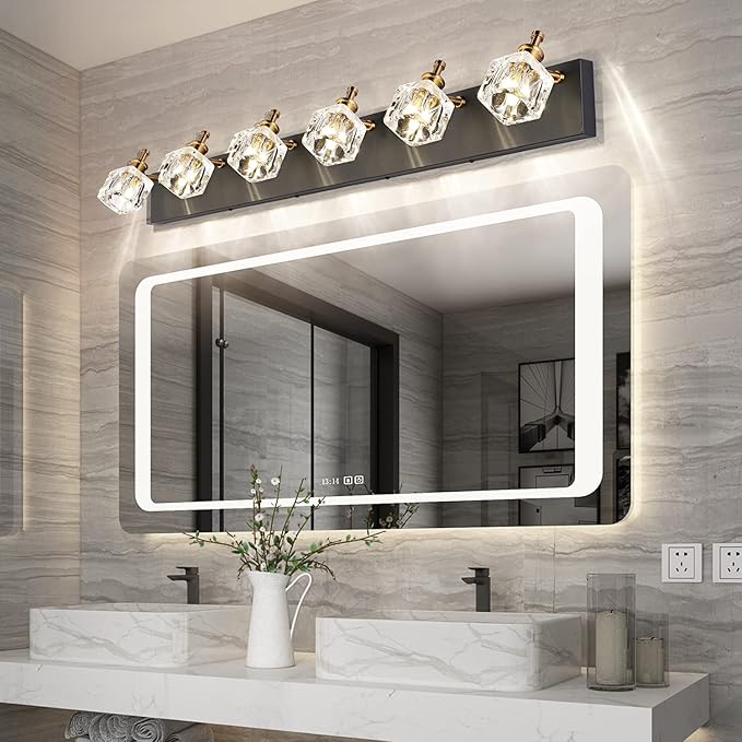 PRESDE Vanity Lights 6 Lights Modern Crystal Bathroom Lights Fixtures Over Mirror Black Bath Lighting