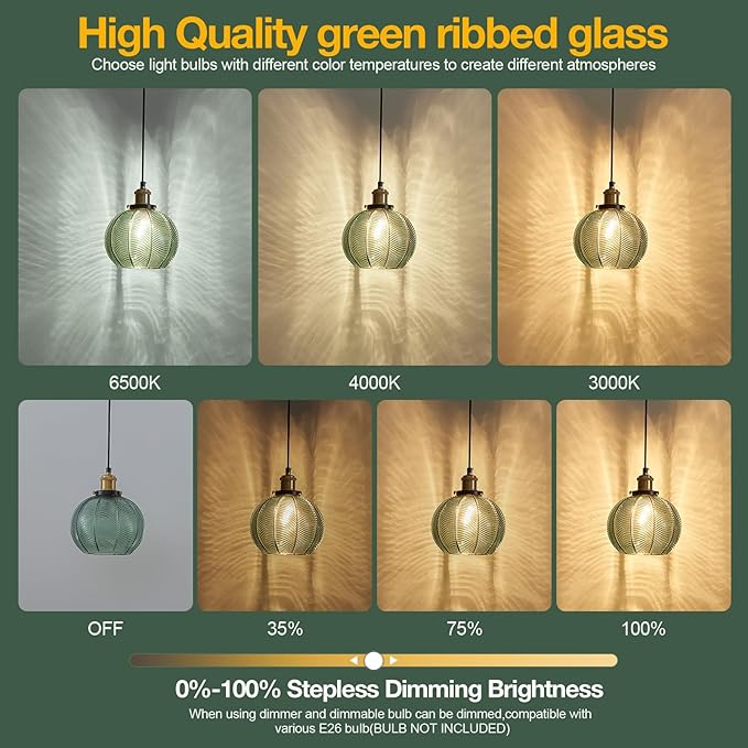Modern Plug in Hanging Light, 7.8 Inch Glass Pendant Light with 14.76 FT Adjustable Plug in Cord, Vintage Green Hanging Lamp for Dining Room Bedroom Kitchen Island Bathroom E26