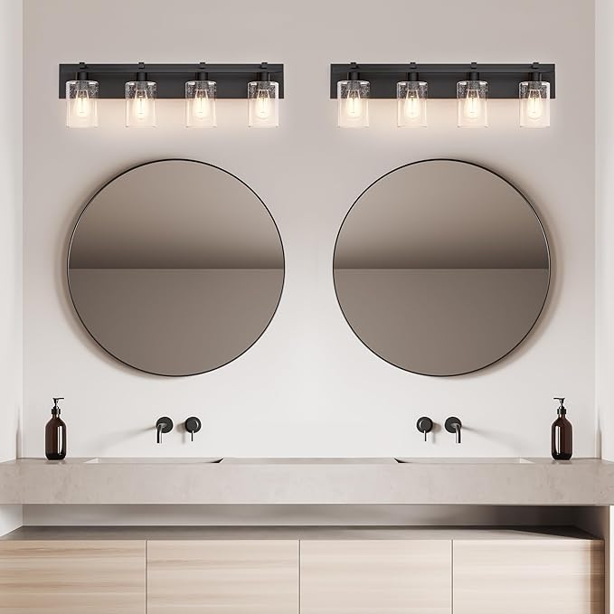 Espird Bathroom Vanity Light, 4 Light Matte Black Light Fixture with Thickened Seeded Glass Shade, 30 inch Modern Wall Sconce,Vanity Lights Over Mirror for Bathroom