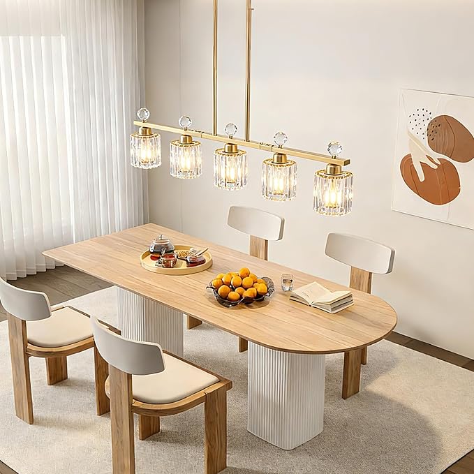 Modern Dining Room Light Fixture Over Table, Crystal Pendant Lights Kitchen Island, Chandeliers for Dining Room Kitchen Light Fixtures (E26) 5-Light Gold