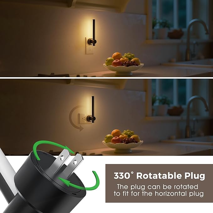 L LOHAS LED Night Light Plug in, 2Pack Dimmable Night Lights Plug into Wall, 330°Rotating Nightlight with Dusk to Dawn Sensor, Soft White, 0-100LM Modern Black Nightlights for Bathroom Mirror Restroom