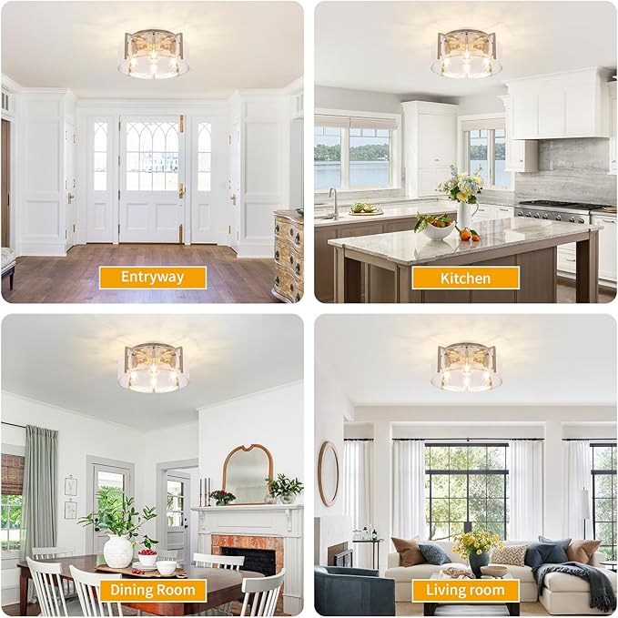 4-Light Brushed Nickel Semi Flush Mount Ceiling Light,Modern Close to Ceiling Lighting Fixture in with Glass Shade for Hallway, Bedroom, Kitchen, Dining Room, Living Room