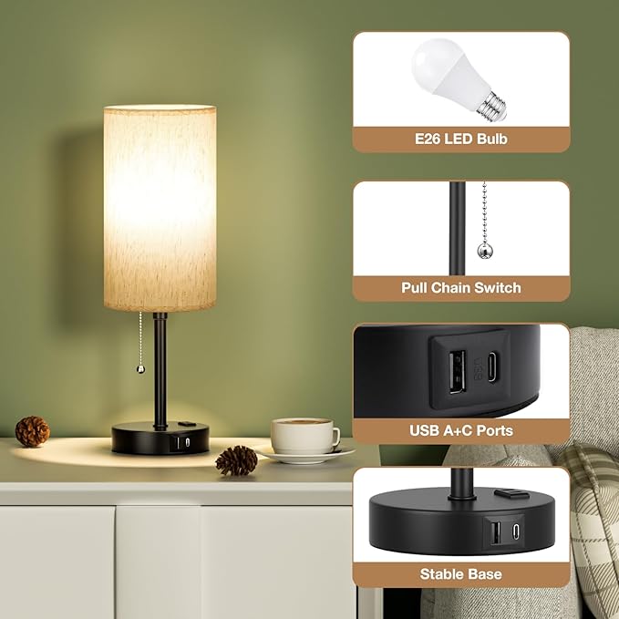 PartageiZ Pull Chain Table Lamp for Bedroom - 3 Color Temperatures, USB A + C Charging, AC Outlet, 17.4 inch Tall Bedside Lamp with E26 LED Bulb