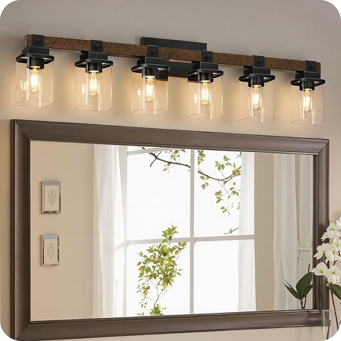 6-Light Bathroom Light Fixtures, Farmhouse Vanity Lights for Bathroom with Glass Square Shade, Rustic Vanity Lights, Sconce Wall Light, E26 Base (Bulbs Not Included), ETL Listed FS12BD05