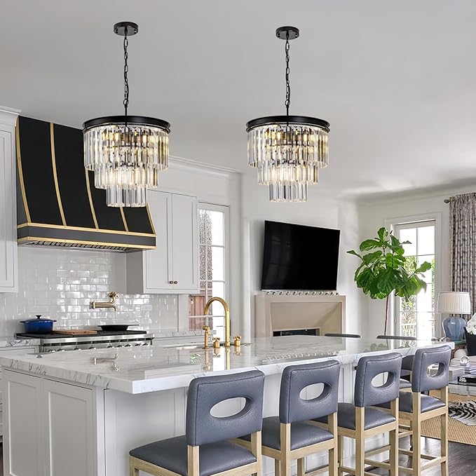 Crystal Chandelier 15.8" Modern K9 Crystal Hanging Pendant Lights 6-Lights Black 3-Tier Luxury Crystal Dining Room Light Fixture for Living Room Bedroom Kitchen Island Entryway Foyer Stair