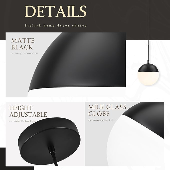 6 Inch Black 2 Pack Mid Century Modern Pendant Light Pendants for Kitchen Island Frosted Milky White Glass Globe Height-Adjustable Modern Hanging Globe Pendant Light for Bedroom (Bulb Incl)