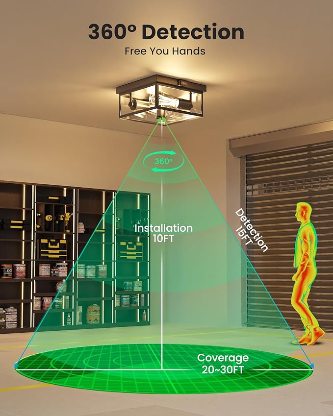 Outdoor Ceiling Light with Motion Sensor 12'', Flush Mount Porch Light, Exterior Light Fixture with Clear Glass, Dusk to Dawn 2-Light Fixture for Patio,Porch