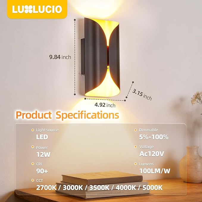 Black & Gold Aluminum LED Wall Sconces, IP65 Waterproof Indoor Outdoor Wall Lights, 1200LM 12W 120V CRI90+ 2700K-5000K 5CCT Dimmable, ETL FCC Listed for Bedroom Living Room Porch Hallway