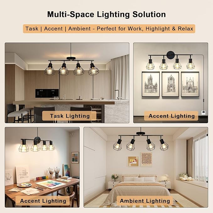 HiBay Plug in Track Lighting Fixtures Ceiling, Adjustable 4-Light Track Light Black, Directional Modern Ceiling Spotlight E26 with 16.4ft Cord & in-Line On/Off Switch for Kitchen Living Room Dorm