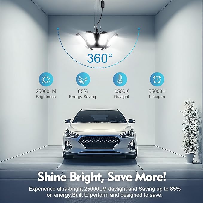 TANBABY 2 Pack LED Garage Lights with Motion Sensor, 250W Deformable Garage Light, Total 50000LM 6500K Daylight, 8+1 Adjustable Panels, Plug-in Cord Ceiling Light for Basement