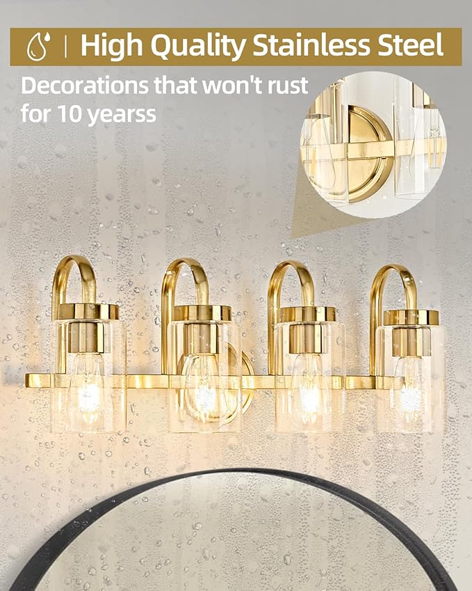 4 Light Bathroom Vanity Light, Gold Vanity Lights for Bathroom, Modern Light Fixtures Over Mirror with Clear Glass Shade, Wall Sconce Lighting for Bedroom