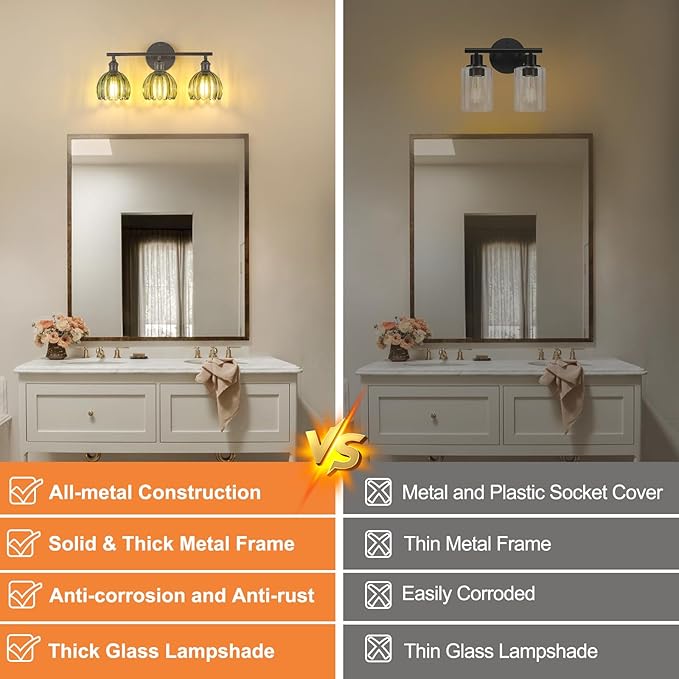 Shenmoyl Bathroom Light Fixtures, 3-Light Black Vanity wall Light Over Mirror with Green Tulip Glass Shade for Bedroom Living Room (Bulb Not Included)