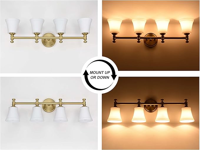 Bathroom Vanity Light Fixtures, Traditional Aged Brass 4 Lights Wall Sconce Lighting with Opal Glass Shade, Porch Wall Mount Light Fixture for Bathroom, Mirror Cabinets Hallway Stairs