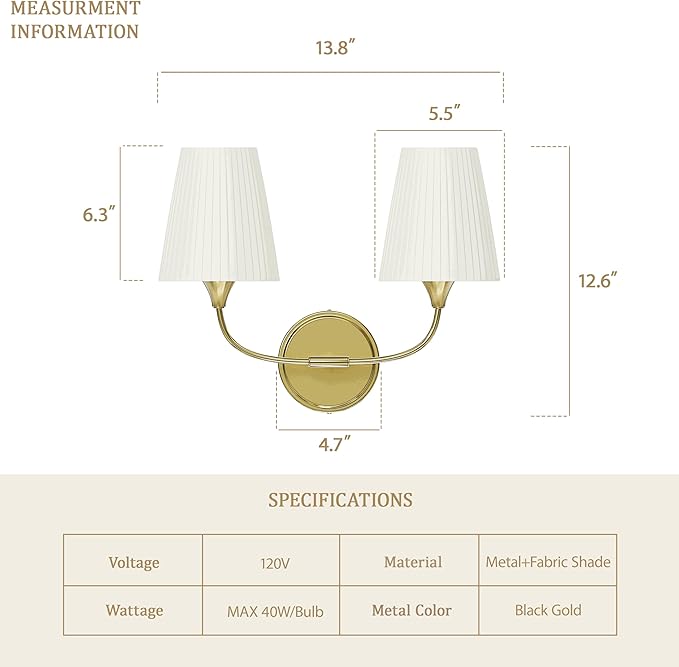 Bathroom Vanity Light with Fabric Shade, 2-Light Bathroom Vanity Light Over Mirror, Modern Light Fixtures for E26 Bulb, Flared Wall Lights for Bedroom, Hallway, Entryway, Powder Room (Gold)