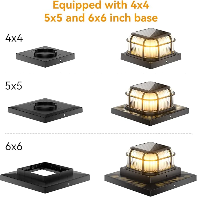 Solar Post Light 8 Packs with 4x4, 5x5 and 6x6 Inches Base for Vinyl/Wooden Posts, Bright 16 LEDs Solar Cap Lights with Two Light Modes for Decorating Deck, Patio, Porch, Fence (Black)