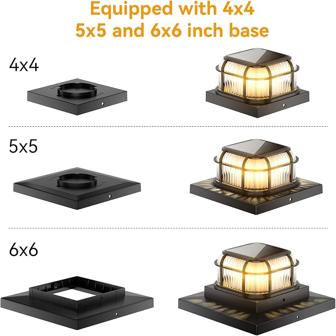 Solar Post Light 6 Packs with 4x4, 5x5 and 6x6 Inches Base for Vinyl/Wooden Posts, Bright 16 LEDs Solar Cap Lights with Two Light Modes for Decorating Deck, Patio, Porch, Fence (Black)