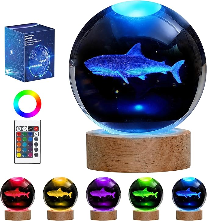 Shark Night Light, 3D Crystal Ball Lamp with 16 LED Color Changing & Remote, 3.15 Inch Unique Desk Decor, Gift for Women Men Kids, Birthday Christmas Home Room Decoration, Shark Lamp