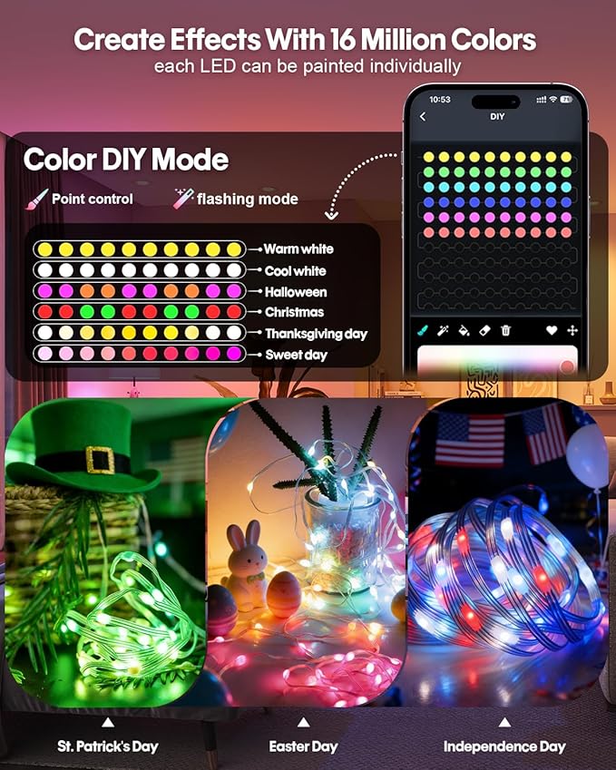 Super RGB Smart Fairy String Lights 66ft 200LEDs, Color Changing w/Remote & App Control, Multicolor Dynamic DIY RGB-IC Twinkle Light for Bedroom, Birthday, Party, Wedding Indoor Outdoor Decor