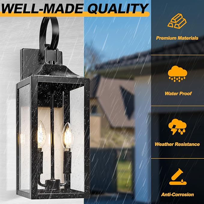 19" Large Outdoor Wall Lights - Black Outside Wall Mounted Light Fixture, Exterior Lighting Fixtures Farmhouse Outside Wall Sconce Lantern 2-Light, Modern Porch Lights for House, 2 Pack