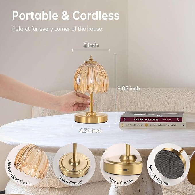 Shenmoyl Tulip Small Table Lamp, 5200mAh Cordless Touch Control Mini Table Lamp with 3 Color Temps & Stepless Dimming, Perfect for Small Spaces Like Dressers, Bedsides, Bookshelves (Amber Tulip)