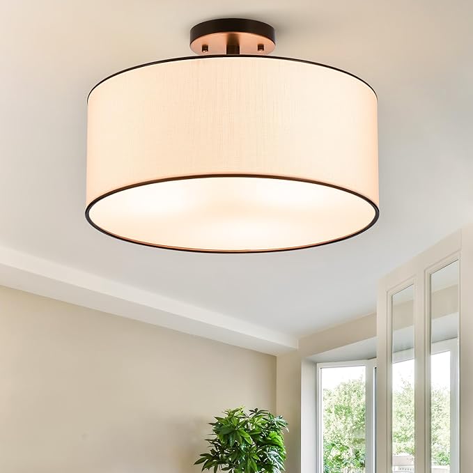 VONLUCE Semi Flush Mount Ceiling Light, 18" Ceiling Light Fixture with Diffused Shaped, Modern Light Fixture for Bedroom Living Room Entryway Hallway, White Shade & Black Finish